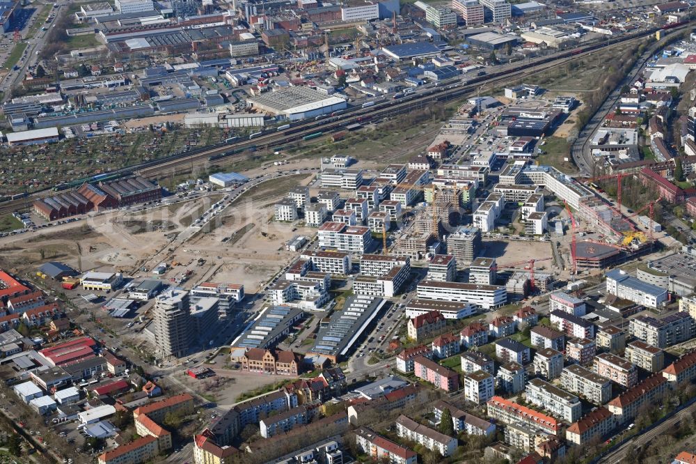 Aerial photograph Freiburg im Breisgau - District Gueterbahnhof Nord in the city in Freiburg im Breisgau in the state Baden-Wurttemberg, Germany. Buildings arise on the area of the former Goods Station North