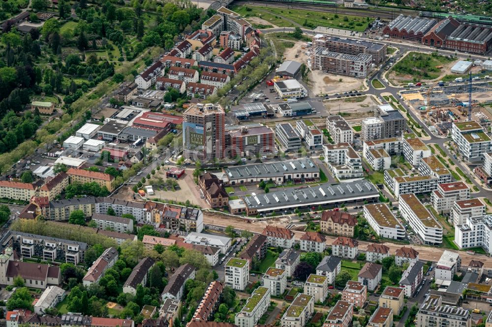 Freiburg im Breisgau from the bird's eye view: District Gueterbahnhof Nord in the city in Freiburg im Breisgau in the state Baden-Wurttemberg, Germany. Buildings arise on the area of the former Goods Station North