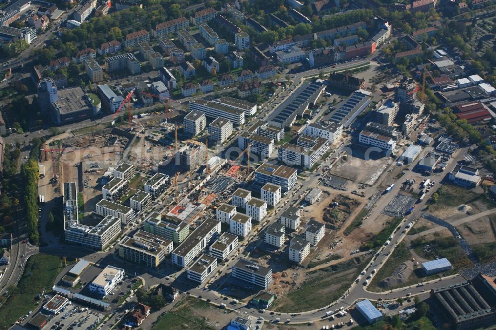 Aerial photograph Freiburg im Breisgau - District Gueterbahnhof Nord in the city in Freiburg im Breisgau in the state Baden-Wurttemberg, Germany. Buildings arise on the area of the former Goods Station North