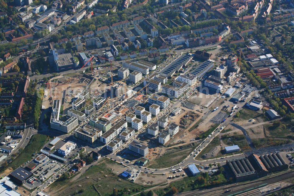 Freiburg im Breisgau from the bird's eye view: District Gueterbahnhof Nord in the city in Freiburg im Breisgau in the state Baden-Wurttemberg, Germany. Buildings arise on the area of the former Goods Station North