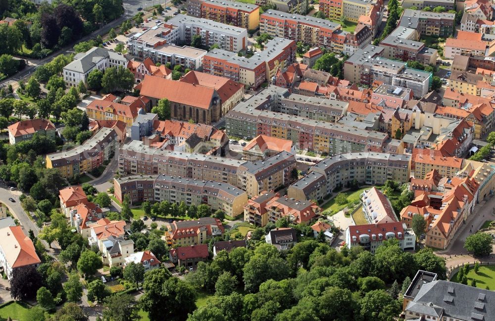 Aerial photograph Gotha - Around the former Augustinian monastery of Gotha in Thuringia - at the Augustiner Strasse, Monastery Road, Blumenbach road and Fritzelsgasse was built in the 80s of the last century an inner city residential area. In the center of the multi-family homes is the centuries-old monastery church that is today used as a Protestant parish church. The church and the cloister obtained are built in the Gothic style. Luther preached here as an Augustinian monk