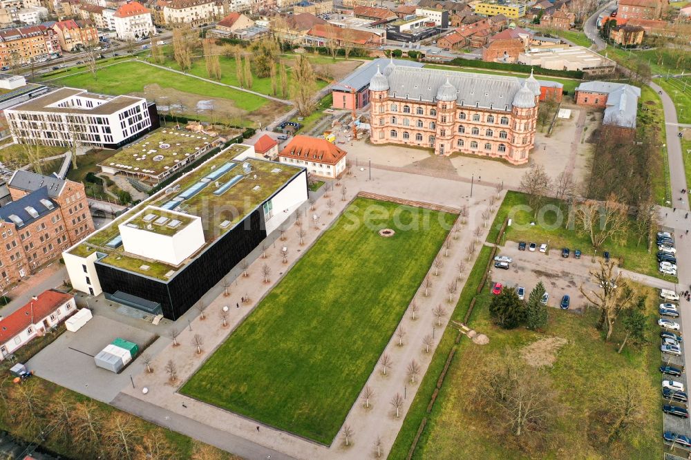 Karlsruhe from the bird's eye view: Building complex in the park of the castle Gottesaue with Wolfgang-Rihm-Forum on Wolfartsweierer Strasse in Karlsruhe in the state Baden-Wurttemberg, Germany