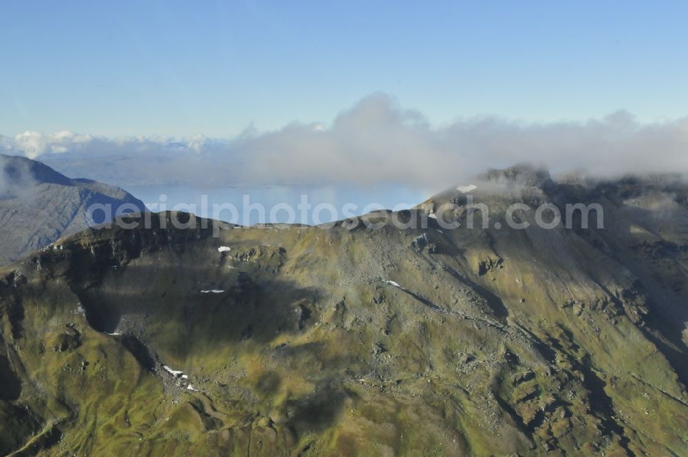 Aerial image Trom - Landscape rugged mountains and fjords in Troms Province Harstad in Norway