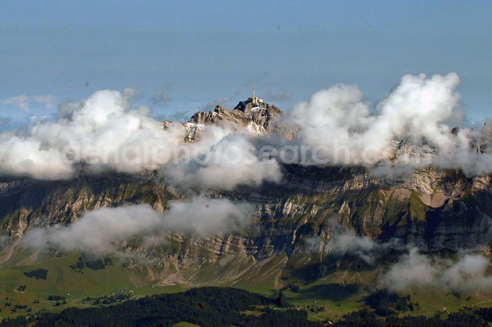 Aerial photograph Schwägalp - Overcast clouds Santis, the highest mountain in the Alpstein in the Appenzell Alps in Switzerland