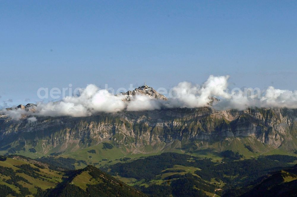 Schwägalp from above - Overcast clouds Santis, the highest mountain in the Alpstein in the Appenzell Alps in Switzerland