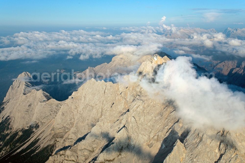 Garmisch-Partenkirchen from the bird's eye view: Cloud Covered summit of the Zugspitze mountain in the Alps near Garmisch-Partenkirchen in Bavaria