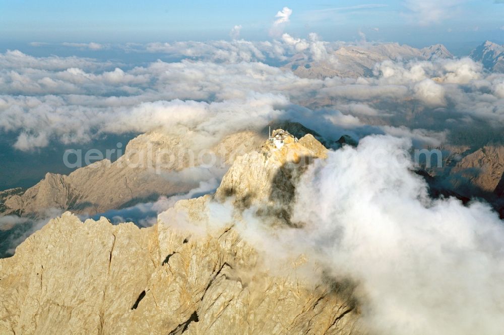 Aerial image Garmisch-Partenkirchen - Cloud Covered summit of the Zugspitze mountain in the Alps near Garmisch-Partenkirchen in Bavaria