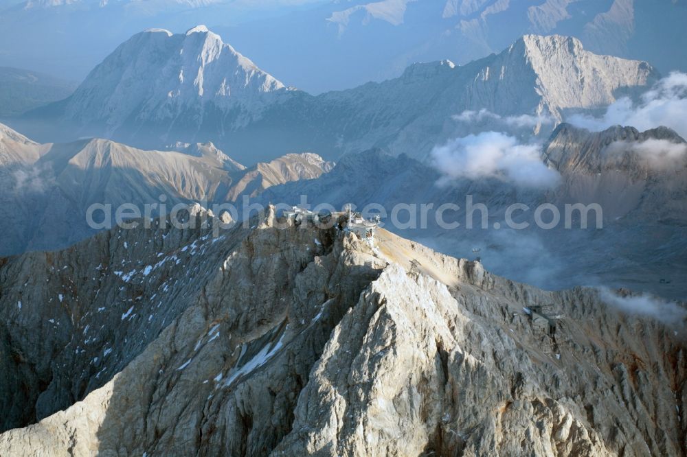 Garmisch-Partenkirchen from above - Cloud Covered summit of the Zugspitze mountain in the Alps near Garmisch-Partenkirchen in Bavaria