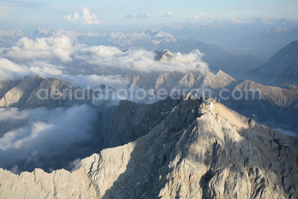 Garmisch-Partenkirchen from the bird's eye view: Cloud Covered summit of the Zugspitze mountain in the Alps near Garmisch-Partenkirchen in Bavaria