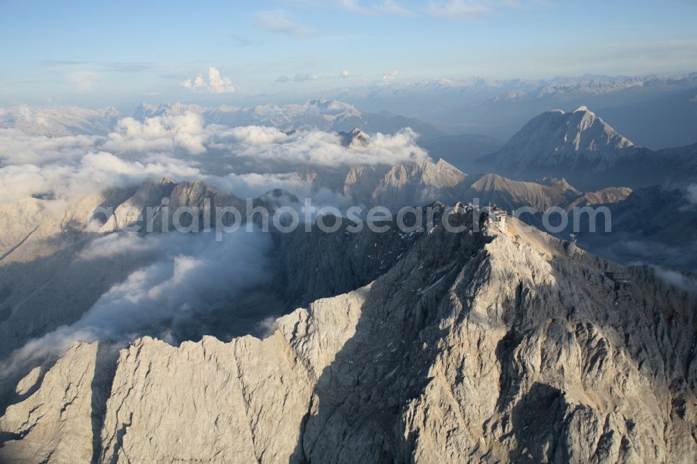 Aerial image Garmisch-Partenkirchen - Cloud Covered summit of the Zugspitze mountain in the Alps near Garmisch-Partenkirchen in Bavaria