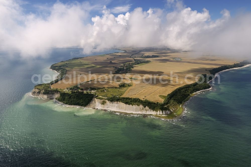 Putgarten from the bird's eye view: Cloud-shrouded landscape of the Baltic Sea coast of Cape Arkona on the island of Rügen in Mecklenburg-Western Pomerania