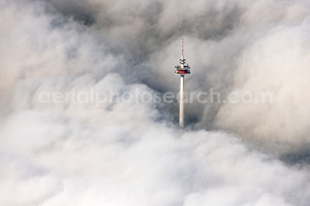 Aerial image Burgsalach - Weather-dependent telecommunications tower structure and television tower enveloped by a layer of cloud in Burgsalach in the state Bavaria, Germany