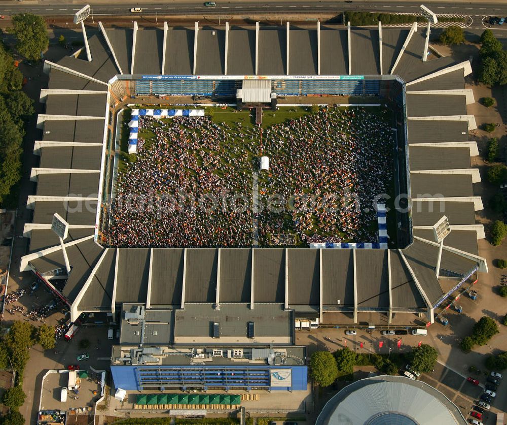 Bochum from above - Blick auf das Stadion in Bochum zur Zeit der FIFA WM 2006, wo im Areal des Stadions auf einer Grossbildwand Liveübertragungen der aktuellen Fußballspiele vorgeführt wurden. public Viewing Ruhrstadion.