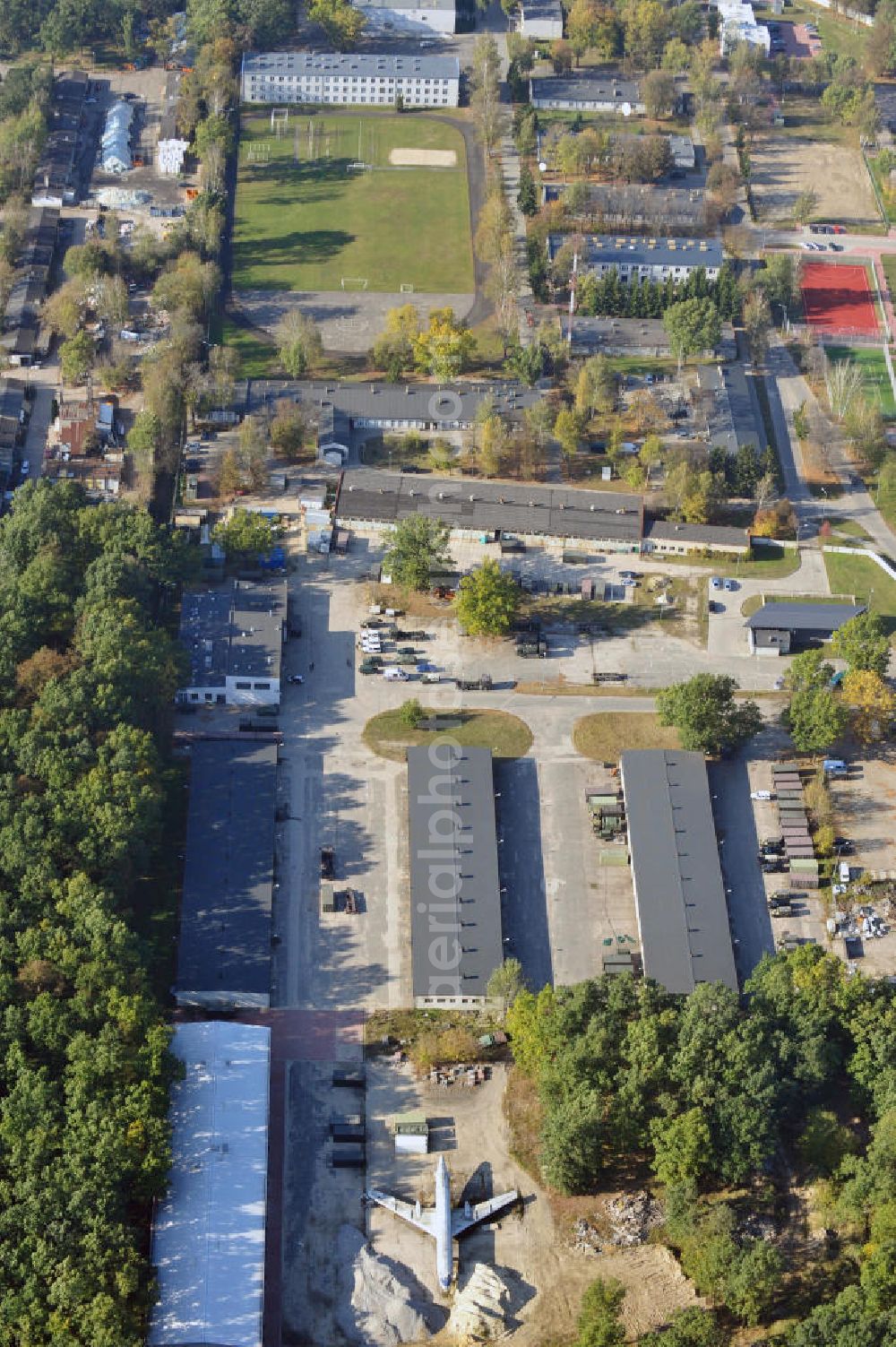 Aerial image Warschau - Blick auf das Wrack ohne Seitenleitwerk eines ehemaligen Passagierflugzeuges Tupolew TU 143A der polnischen Fluggesellschaft LOT auf einem Polizeiübungsgelände an der Rekruicka / Marsa / Korkowa Strasse am östlichen Stadrand der Metropole. A former passenger aircraft Tupolev TU 143A in Warsaw.