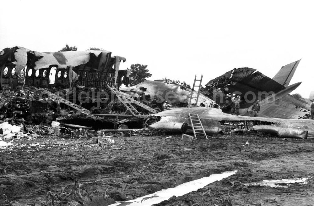 Aerial image Schönefeld - Blick auf das Wrack der INTERFLUG Iljuschin IL62 mit der Kennung DDR-SEW auf dem Gelände des Flughafens Berlin-Schönefeld.Am 17.Juni 1989 wurde die Maschine bei einem Startabbruch zerstört. Da bei dem Startabbruch die Triebwerke versehentlich abgestellt wurden, anstatt vollen Umkehrschub zu geben, überrollte das Luftfahrzeug das Ende der Start- und Landebahn. Der Rumpf brach auseinan der und ging in Flammen auf. Es kamen 21 Menschen ums Leben. Die Wrackteile wurden in wochenlanger Kleinstarbeit geborgen, der restliche, in den Tragflächensektionen verbliebene Kerosinbestand enttankt. Wrackteile sollen auf dem Geländes des ehemaligen Südteiles Diepensee des einstigen INTERFLUG-Zentralflughafens vergraben worden sein.