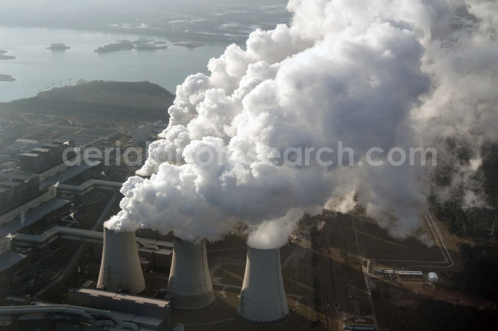 Jänschwalde from above - Clouds of exhaust gas in the cooling towers of the power plant Jaenschwalde, a lignite-fired thermal power plant in southeastern Brandenburg. Power plant operator is to Vattenfall Europe belonging Vattenfall Europe Generation AG, which emerged from VEAG