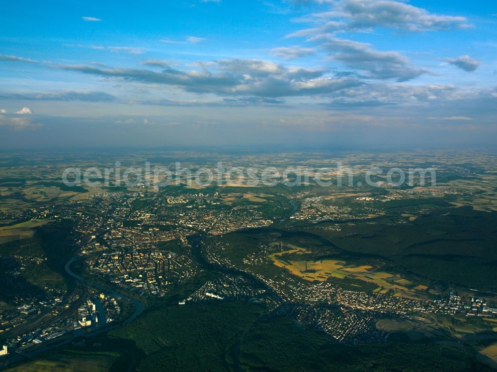 Aerial photograph Würzburg - The city of Würzburg and its surrounding landscape in the state of Bavaria. Würzburg does not belong to a borough but is located in the district of Lower Franconia. The city is located on the river Main and is one of the classic German university cities. It consists of 13 districts in the Main triangle, in the econonmic region Würzburg