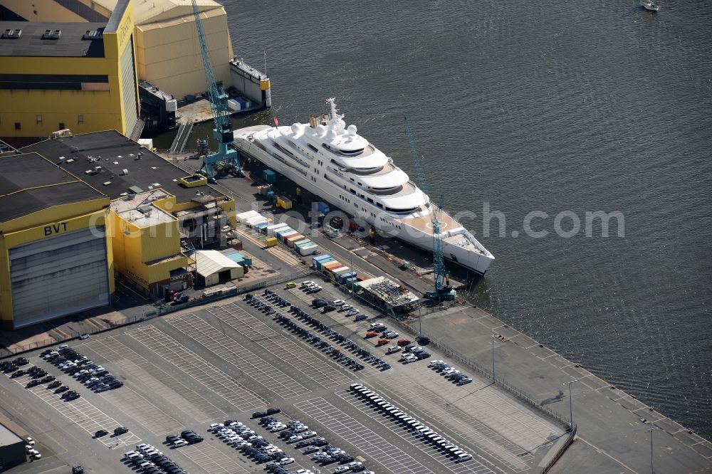 Bremen from the bird's eye view: Yacht Azzam at the wharf of Luerssen on the river Weser at the Vegesack part of Bremen in Germany. The luxury yacht was built by Luerssen and is the longest Wolfgang Gerberely owned yacht in the world