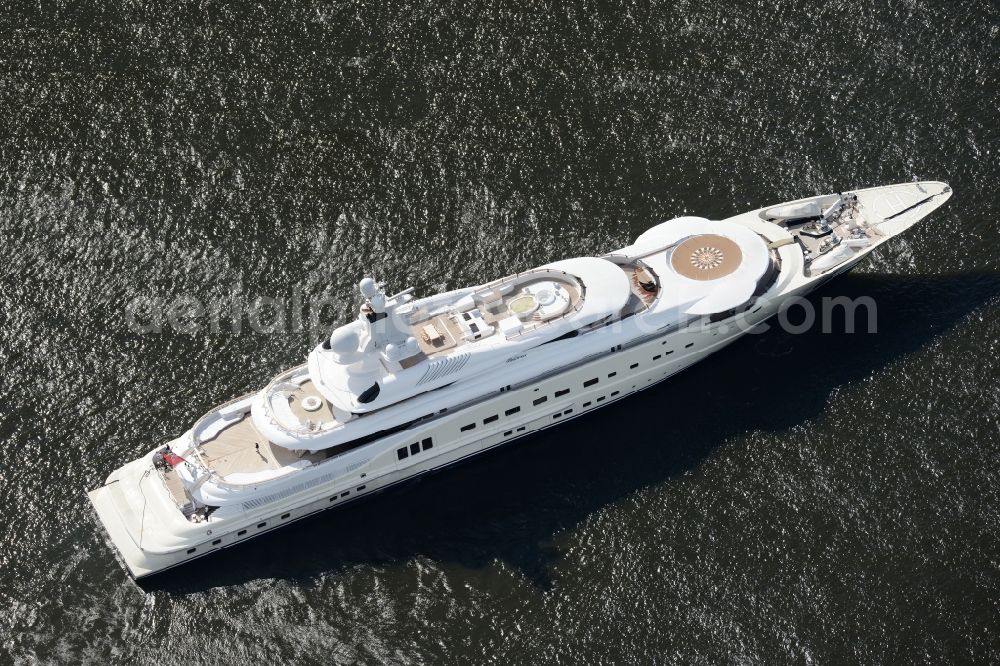 Aerial image Bremen - Yacht Pelorus on the river Weser at the Vegesack part of Bremen in Germany. The yacht was built by Luerssen and is located in front of its docks