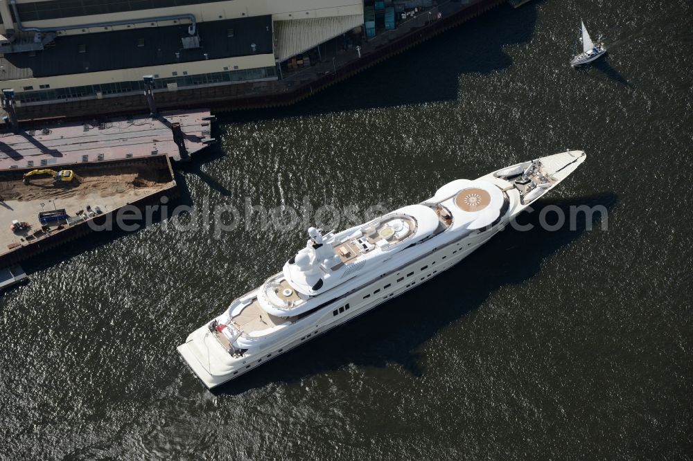 Bremen from above - Yacht Pelorus on the river Weser at the Vegesack part of Bremen in Germany. The yacht was built by Luerssen and is located in front of its docks