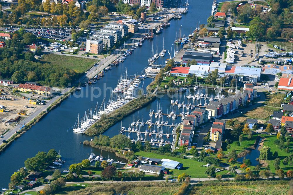 Hansestadt Greifswald from the bird's eye view: Pleasure boat marina with docks and moorings on the shore area in Greifswald in the state Mecklenburg - Western Pomerania, Germany