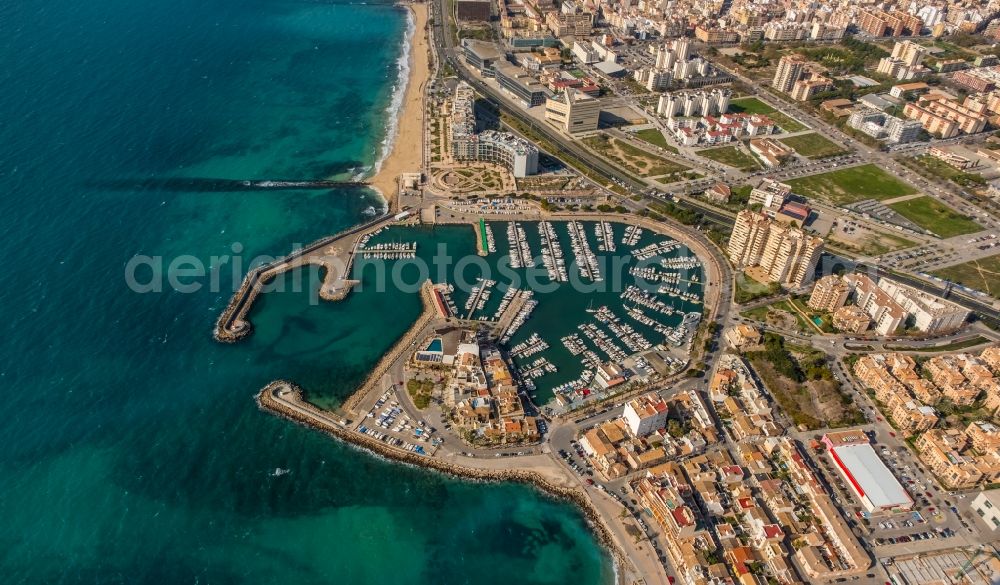 Palma from above - Marina with sport boat moorings and boat moorings on the shore area on Carrer Joan Maragall in the El Molinar district in Palma in the Balearic island of Mallorca, Spain