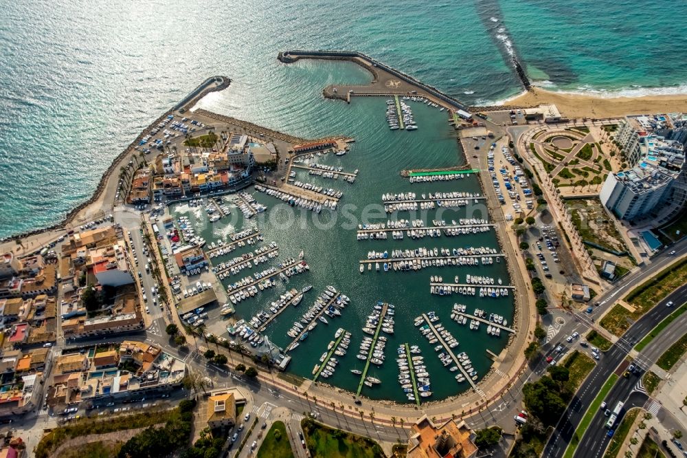 Palma from above - Marina with sport boat moorings and boat moorings on the shore area on Carrer Joan Maragall in the El Molinar district in Palma in the Balearic island of Mallorca, Spain