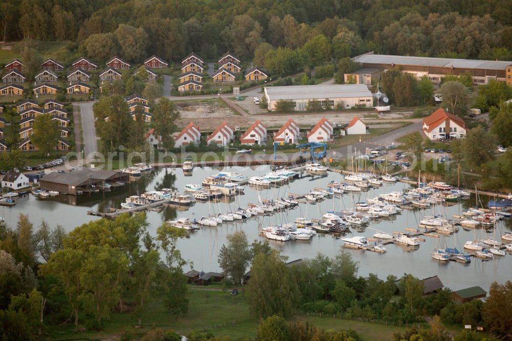 RECHLIN from above - Marina at the Claassee in Rechlin, Mecklenburg-Western Pomerania. The marina is part of the harbor village of Rechlin North and has direct access to the Müritz through a channel