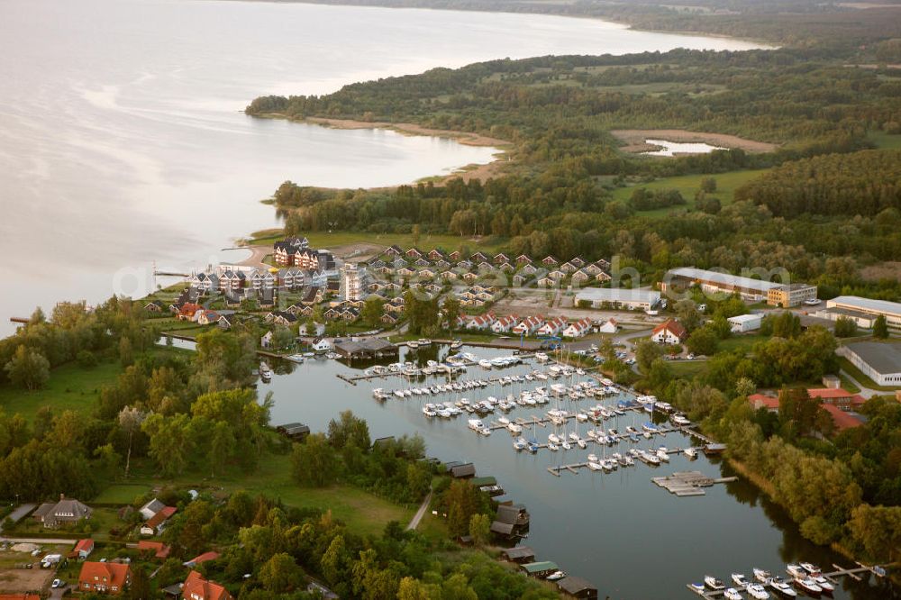 Aerial photograph RECHLIN - Marina at the Claassee in Rechlin, Mecklenburg-Western Pomerania. The marina is part of the harbor village of Rechlin North and has direct access to the Müritz through a channel