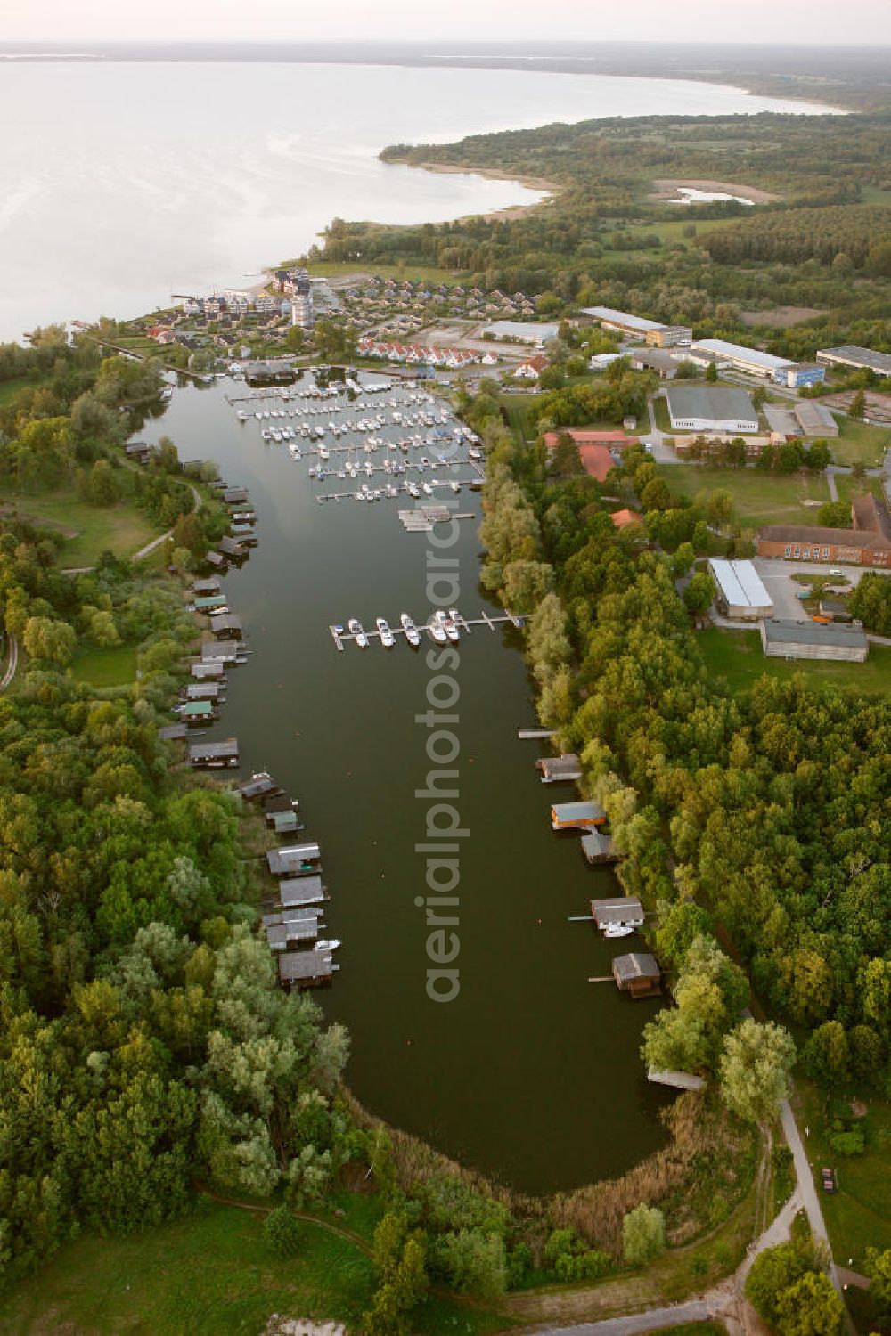 RECHLIN from above - Marina at the Claassee in Rechlin, Mecklenburg-Western Pomerania. The marina is part of the harbor village of Rechlin North and has direct access to the Müritz through a channel