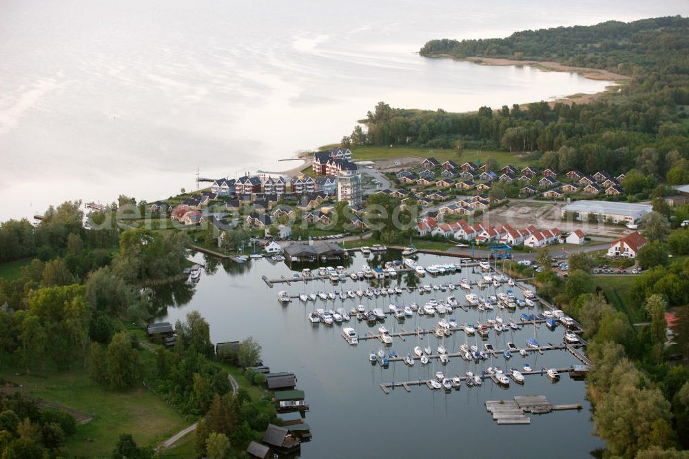 Aerial image RECHLIN - Marina at the Claassee in Rechlin, Mecklenburg-Western Pomerania. The marina is part of the harbor village of Rechlin North and has direct access to the Müritz through a channel