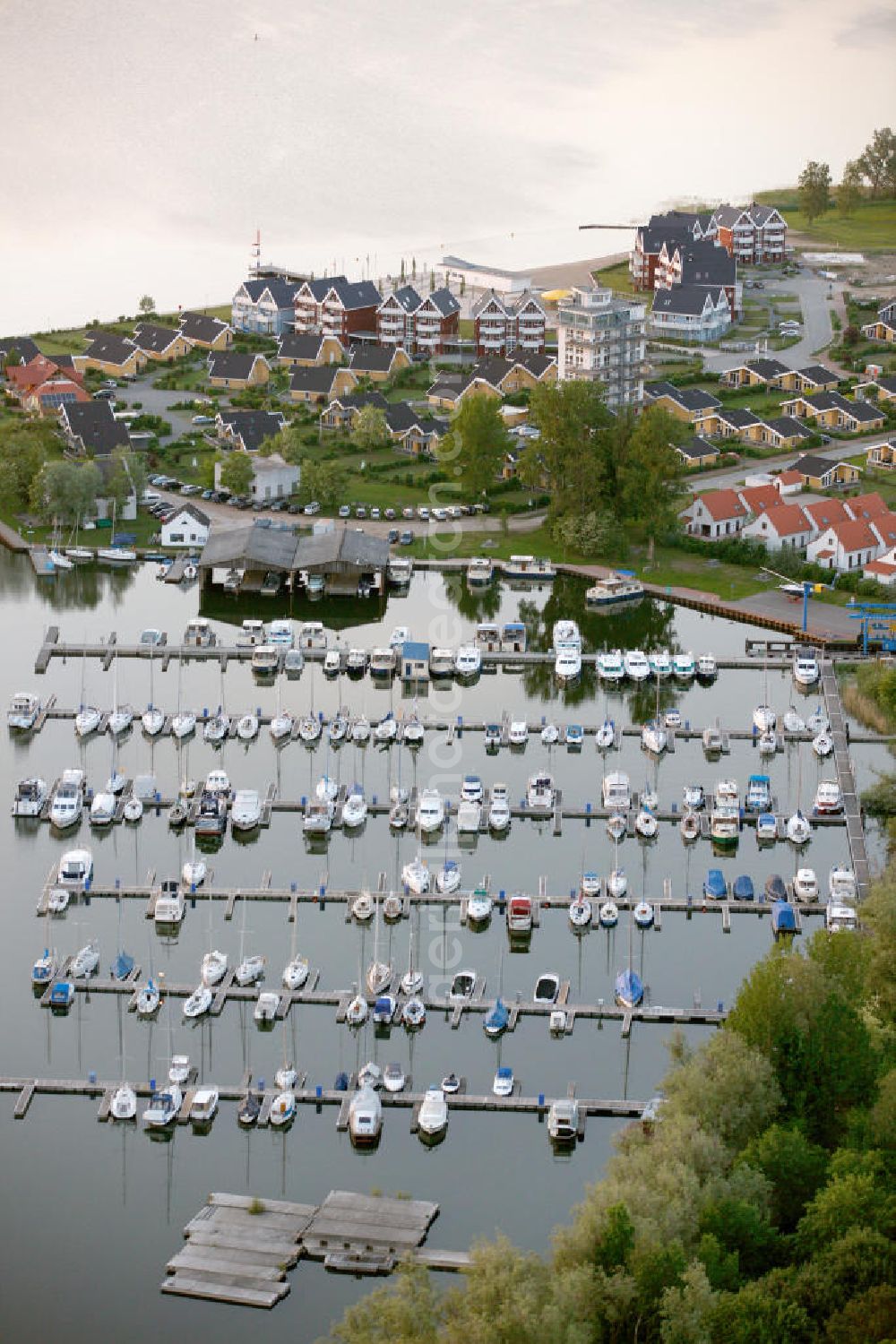 RECHLIN from above - Marina at the Claassee in Rechlin, Mecklenburg-Western Pomerania. The marina is part of the harbor village of Rechlin North and has direct access to the Müritz through a channel