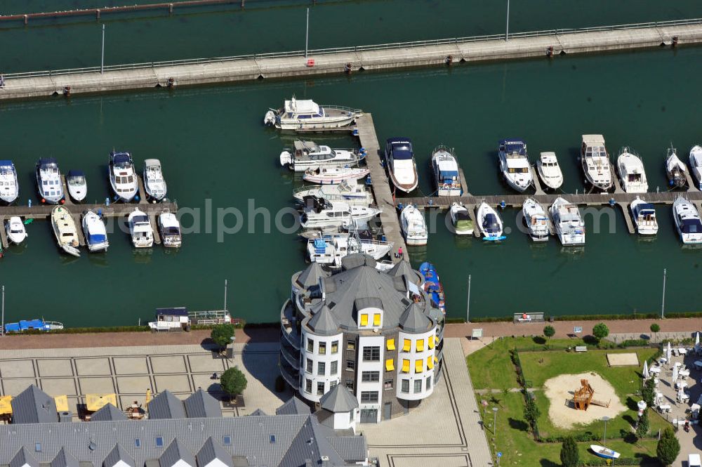 Bergkamen from above - View of the yacht harbor at Marina Rünthe at the Datteln-Hamm canal in Bergkamen in North Rhine-Westphalia. It was built in 1939 as the port of the coal mine Werne. Then in 1995, was the conversion as a yacht harbor