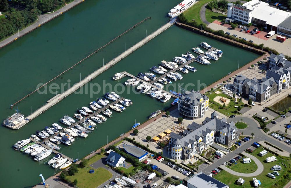 Bergkamen from above - View of the yacht harbor at Marina Rünthe at the Datteln-Hamm canal in Bergkamen in North Rhine-Westphalia. It was built in 1939 as the port of the coal mine Werne. Then in 1995, was the conversion as a yacht harbor