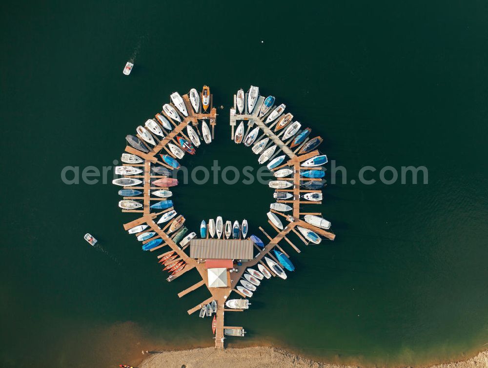 Aerial image HEIMBACH - Marina at the Rurstausee near Heimbach in North Rhine-Westphalia. The Rurstausee was dammed by the Rurtalsperre Schwammenauel and is the second largest reservoir in Germany. The dam is situated in the Eifel National Park