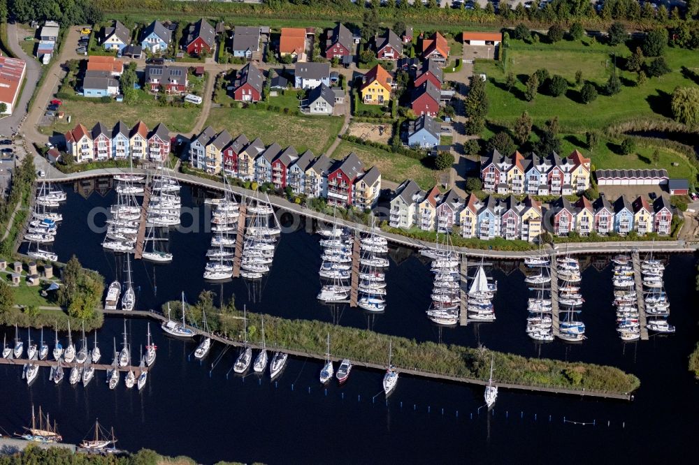 Greifswald from above - Pleasure boat marina with docks and moorings on the shore area in Greifswald in the state Mecklenburg - Western Pomerania, Germany