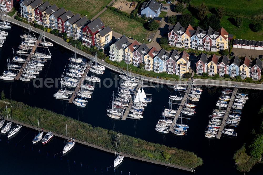 Greifswald from the bird's eye view: Pleasure boat marina with docks and moorings on the shore area in Greifswald in the state Mecklenburg - Western Pomerania, Germany