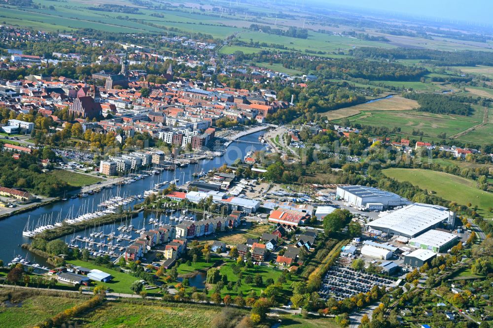 Hansestadt Greifswald from the bird's eye view: Pleasure boat marina with docks and moorings on the shore area in Greifswald in the state Mecklenburg - Western Pomerania, Germany