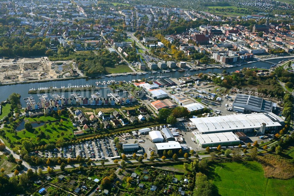 Hansestadt Greifswald from above - Pleasure boat marina with docks and moorings on the shore area in Greifswald in the state Mecklenburg - Western Pomerania, Germany