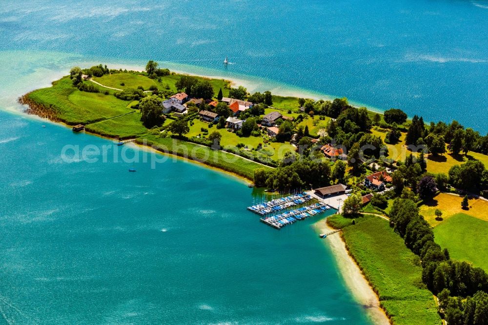 Breitbrunn am Chiemsee from above - Pleasure boat marina with docks and moorings on the shore area Jell Yachthafen on Koenigstrasse in Breitbrunn am Chiemsee in the state Bavaria, Germany