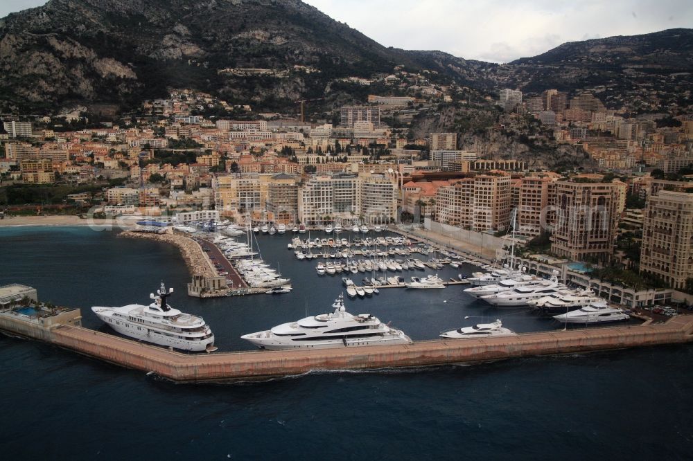 Aerial photograph Monaco - Pleasure boat marina with docks and moorings in the Port de Cap d'Ail at the Mediterranean Sea in France, situated close to the border to Monaco