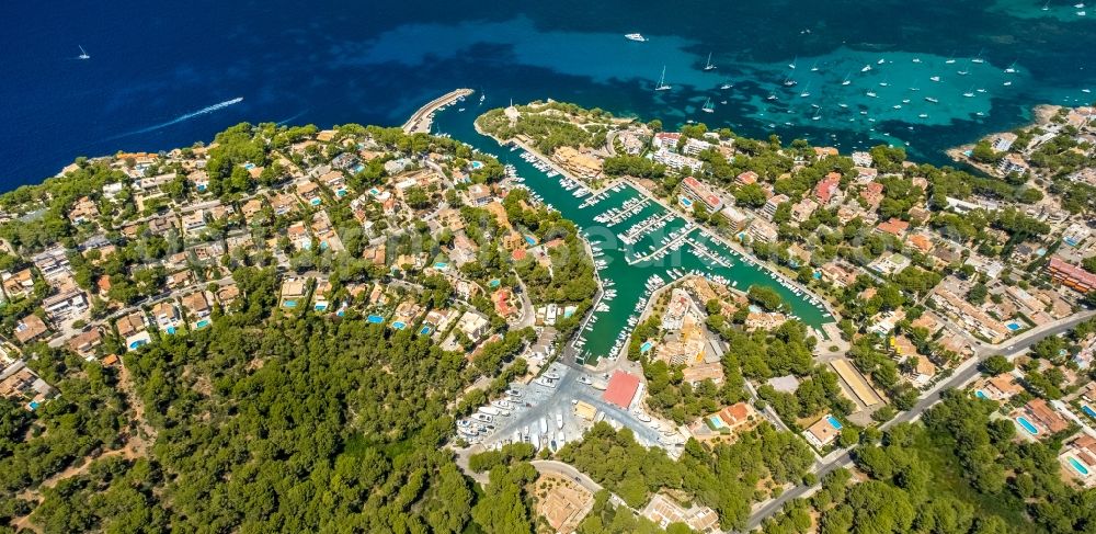 Santa Ponsa from the bird's eye view: Pleasure boat marina with docks and moorings on the shore area of Balearic Sea in Santa Ponsa in Islas Baleares, Spain