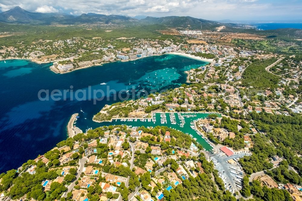 Aerial image Santa Ponsa - Pleasure boat marina with docks and moorings on the shore area of Balearic Sea in Santa Ponsa in Islas Baleares, Spain