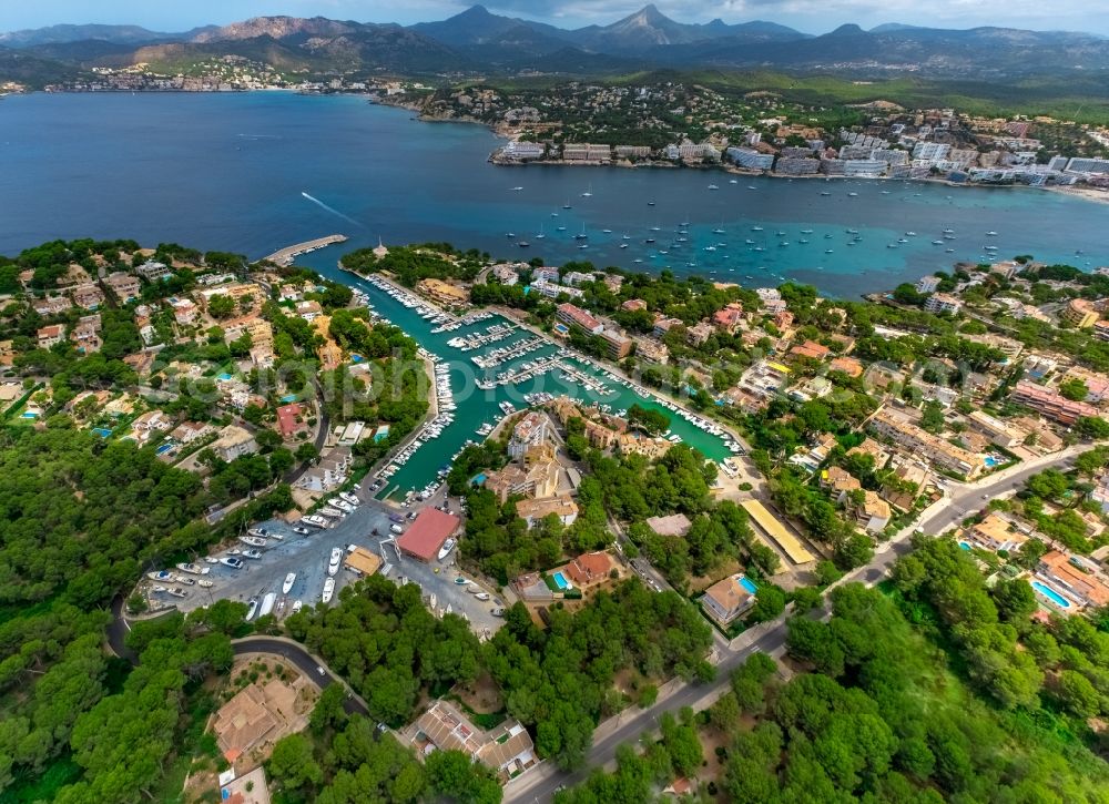 Santa Ponsa from the bird's eye view: Pleasure boat marina with docks and moorings on the shore area of Balearic Sea in Santa Ponsa in Islas Baleares, Spain