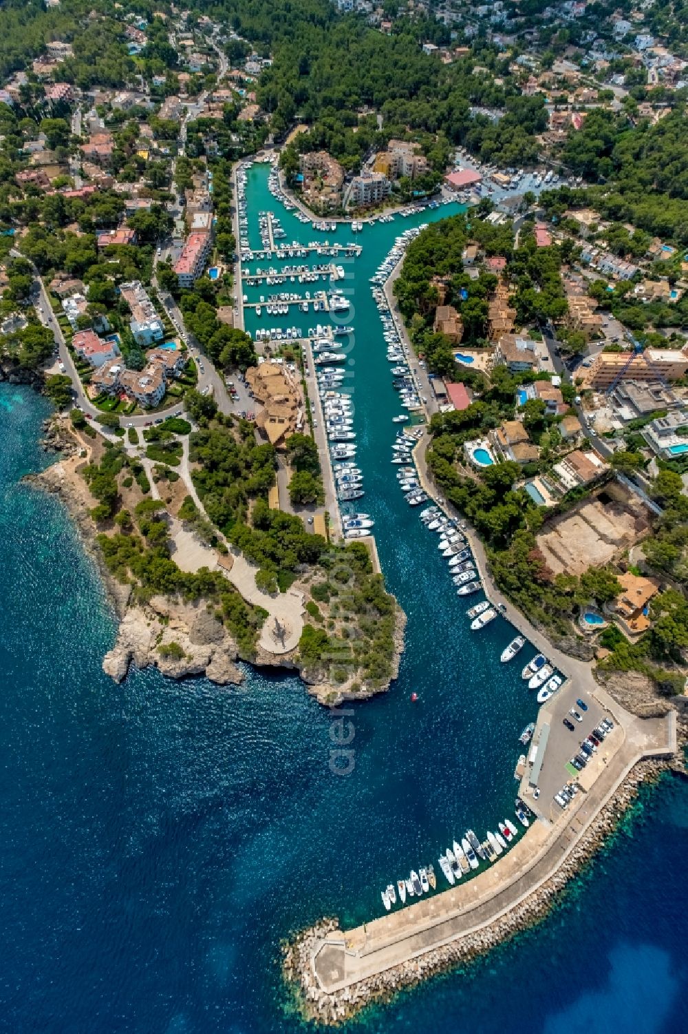 Santa Ponsa from the bird's eye view: Pleasure boat marina with docks and moorings on the shore area of Balearic Sea in Santa Ponsa in Islas Baleares, Spain