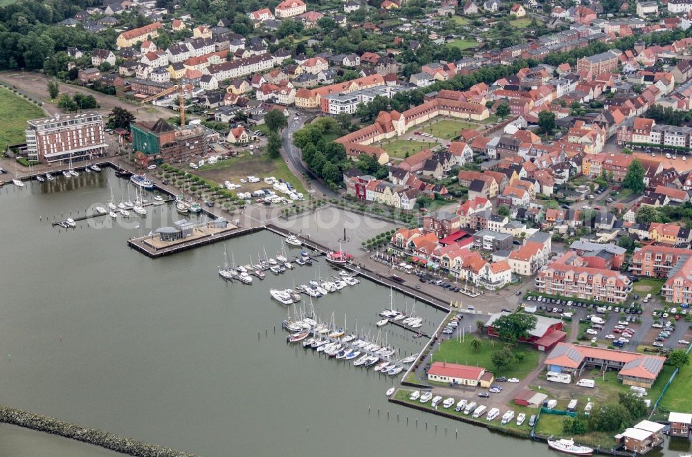 Barth from above - Pleasure boat marina with docks and moorings on the shore area in Barth in the state Mecklenburg - Western Pomerania, Germany