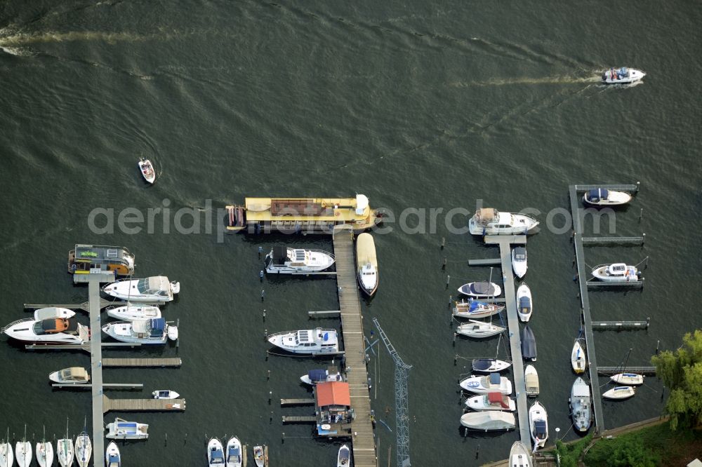 Berlin from above - Pleasure boat marina with docks and moorings on the shore area in Berlin in Germany