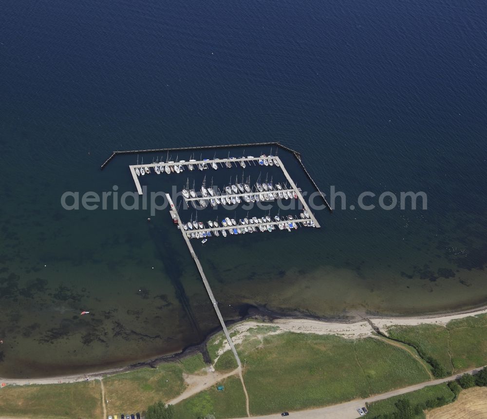 Munkbrarup from above - Pleasure boat marina with docks and moorings on the shore area in Munkbrarup in the state Schleswig-Holstein