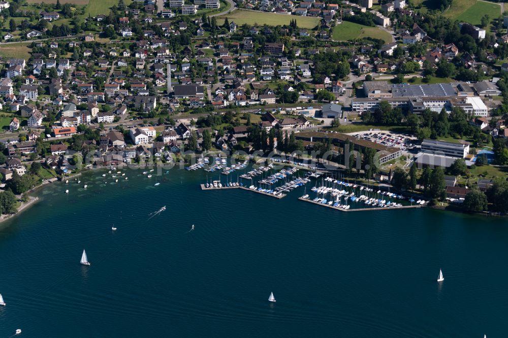 Steckborn from above - Pleasure boat marina with docks and moorings on the shore area of Lake of Constance in Steckborn in the canton Thurgau, Switzerland