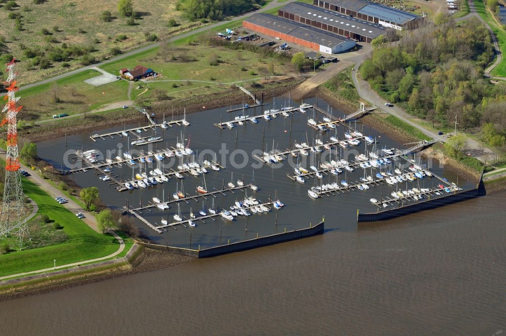 Bremen from above - Pleasure boat marina with docks and moorings on the shore area in Bremen in Germany